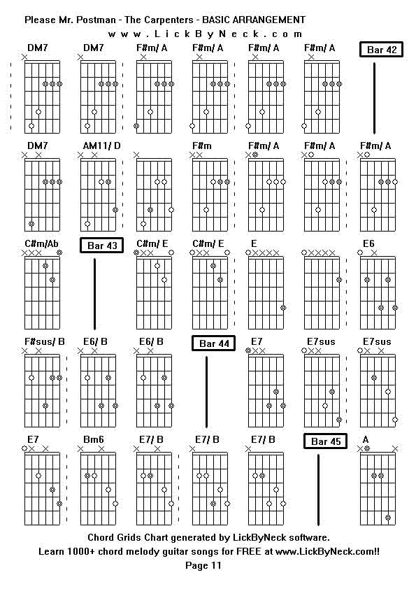 Chord Grids Chart of chord melody fingerstyle guitar song-Please Mr Postman - The Carpenters - BASIC ARRANGEMENT,generated by LickByNeck software.